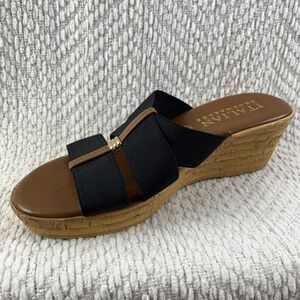 Italian Shoemakers Size 7 Black Strappy Wedge Heels Cork Sandals Womens Slip On